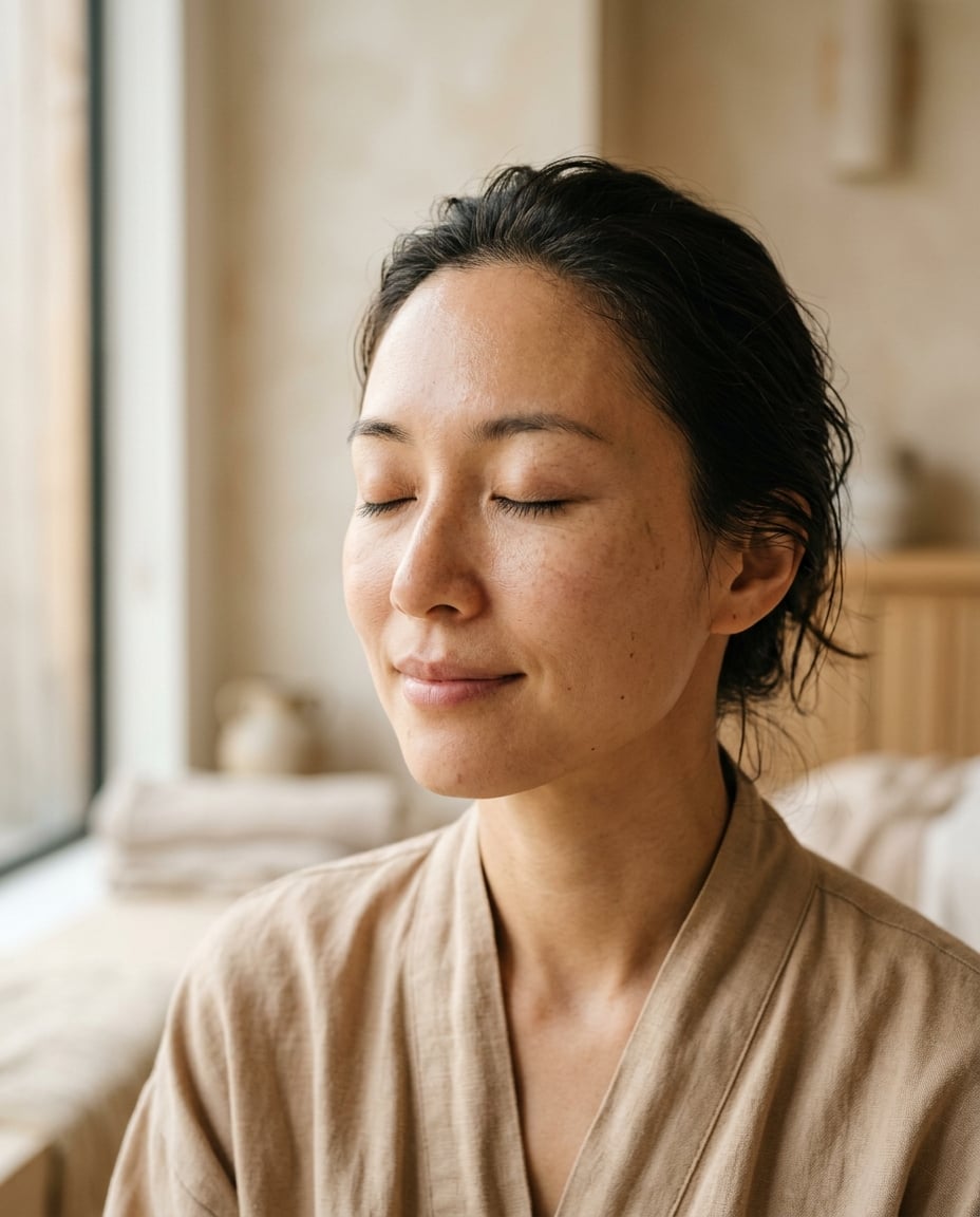 Serene close-up of a calm face in soft natural light